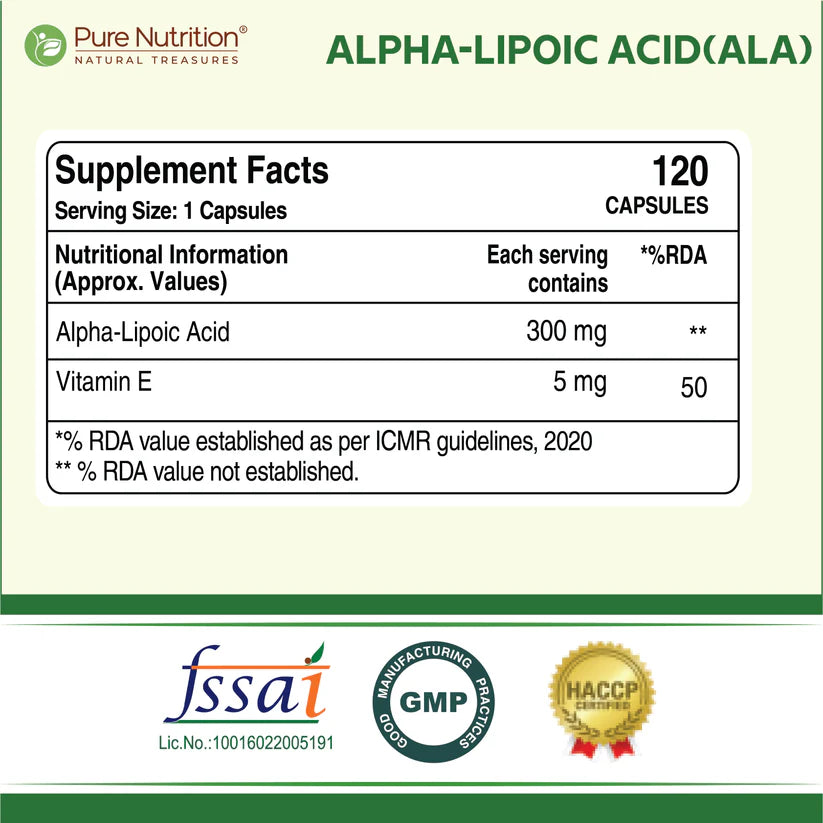 Alpha – Lipoic Acid (ALA) | ALA Supplement (With Vitamin E) – Regulates Blood Glucose – Lung Health – Powerful Antioxidant Support For Overall Wellness – Pure Nutrition – 120 Capsules