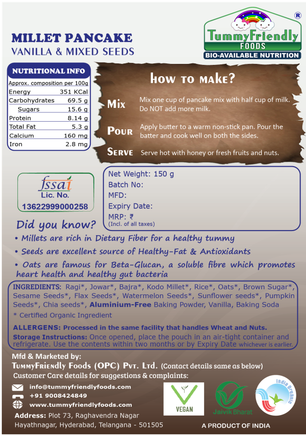 Millet Pancake | (Vanilla &amp; Mixed Seeds) - For Baby Food - USDA Organic - No Aluminum, Maida &amp; No White Sugar - Tummy Friendly Foods - 150gm