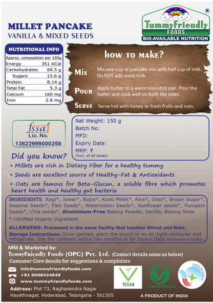 Millet Pancake | (Vanilla &amp; Mixed Seeds) - For Baby Food - USDA Organic - No Aluminum, Maida &amp; No White Sugar - Tummy Friendly Foods - 150gm