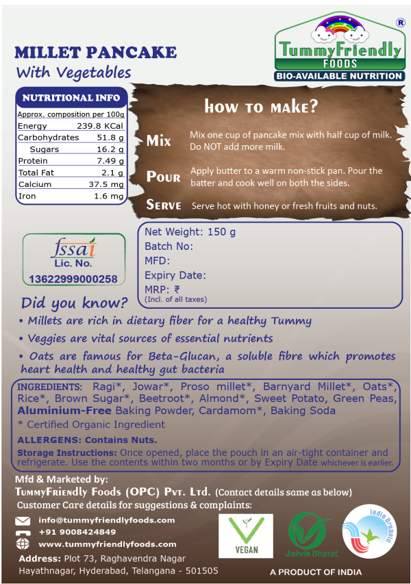 Millet Pancake | (With Vegetables) - For Baby Food - USDA Organic - No Aluminum, No Maida &amp;amp; No White Sugar - Tummy Friendly Foods - 150gm