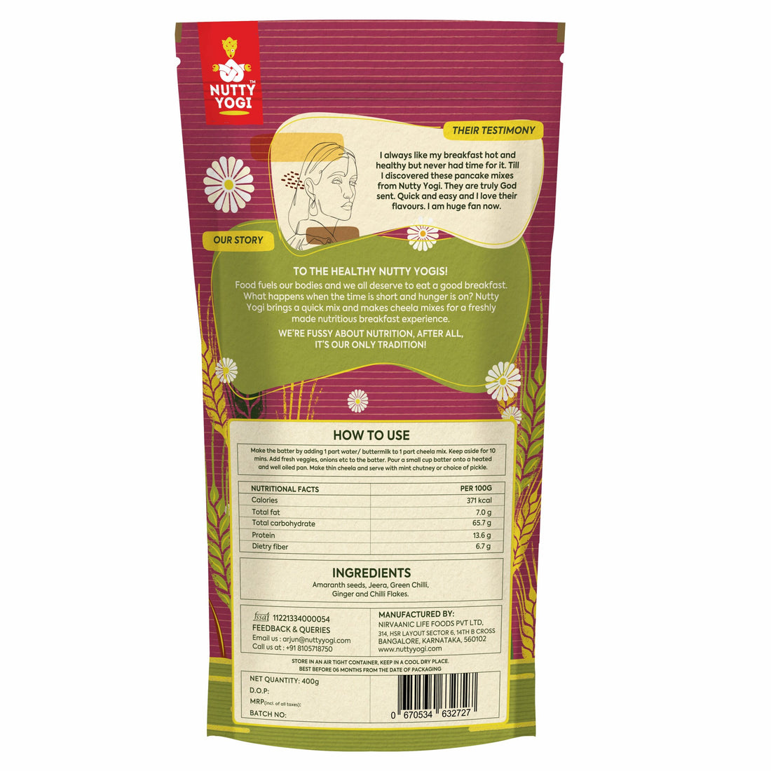 Amaranth Cheela Mix – Gluten Free, High In Protein &amp; Dietary Fibre - Nutty Yogi – 400gm