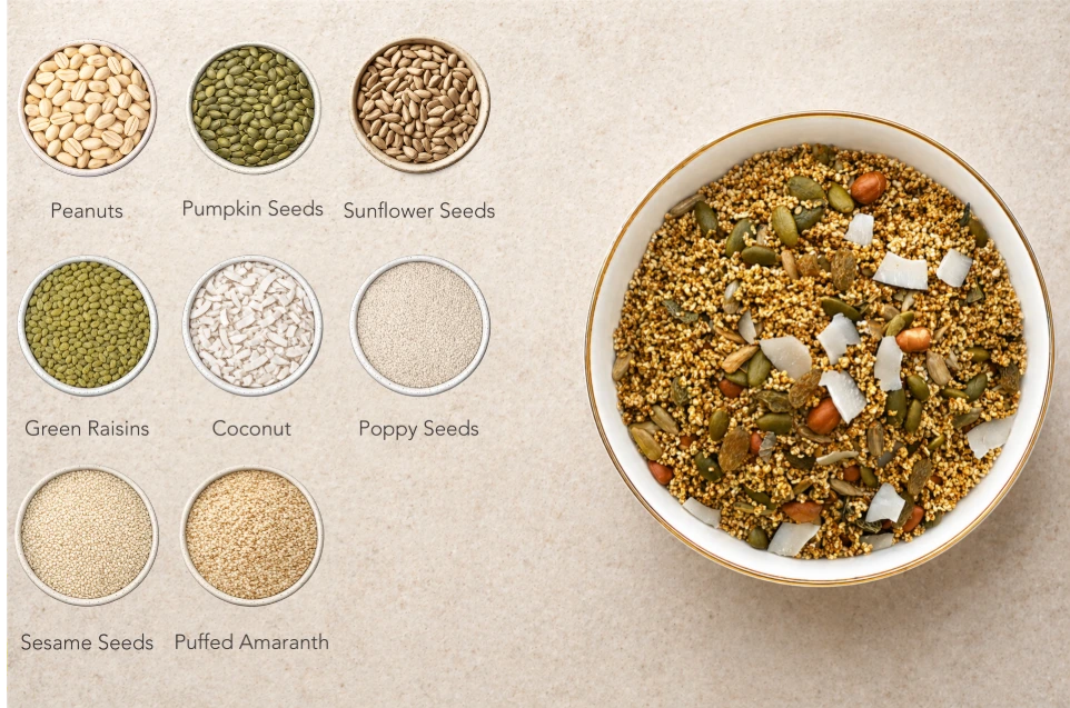Chivda | Amaranth Chivda (41% nuts-seeds) Granola - Lite Savoury -Plant Based, Gluten Free, Vegan Friendly, Made using Coconut Sugar- No Preservatives, No Added Refined Sugar, Zero Trans Fats -The Nibble box- 300gm