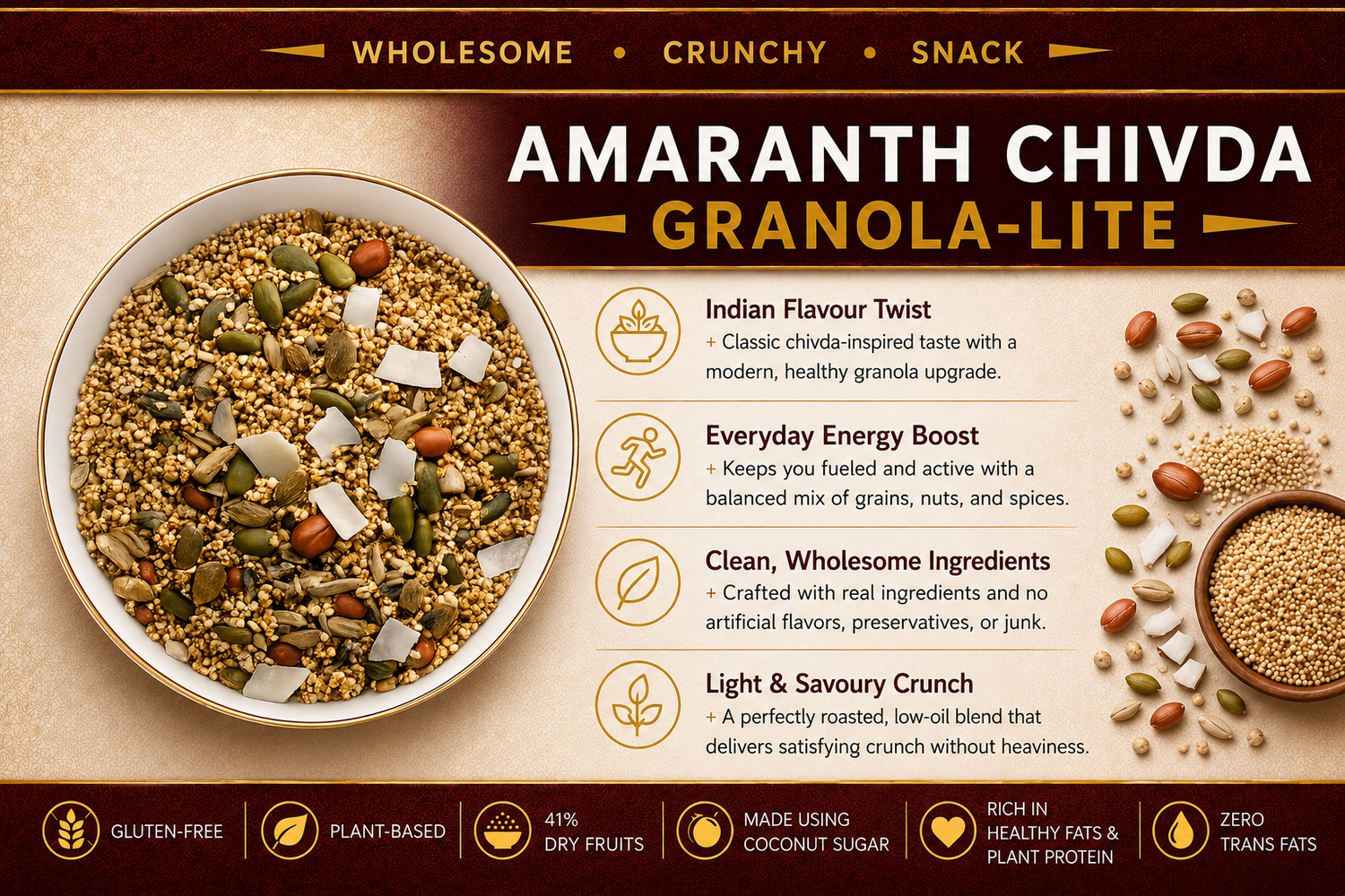 Chivda | Amaranth Chivda (41% nuts-seeds) Granola - Lite Savoury -Plant Based, Gluten Free, Vegan Friendly, Made using Coconut Sugar- No Preservatives, No Added Refined Sugar, Zero Trans Fats -The Nibble box- 300gm