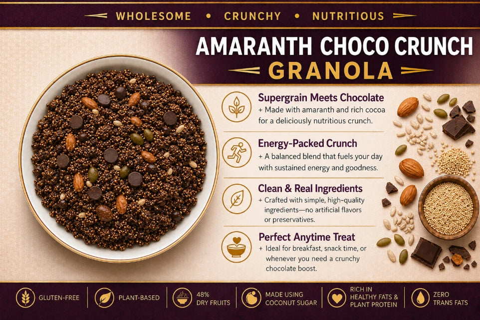 Amaranth Choco Crunch Granola(48% Dry Fruits &amp; Belgian Dark chocolate) -Plant Based, Gluten Free, Vegan Friendly-No Added Refined Sugar, Zero Trans Fats -The Nibble box- 300gm