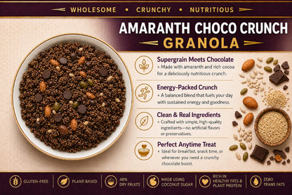 Amaranth Choco Crunch Granola(48% Dry Fruits &amp; Belgian Dark chocolate) -Plant Based, Gluten Free, Vegan Friendly-No Added Refined Sugar, Zero Trans Fats -The Nibble box- 300gm