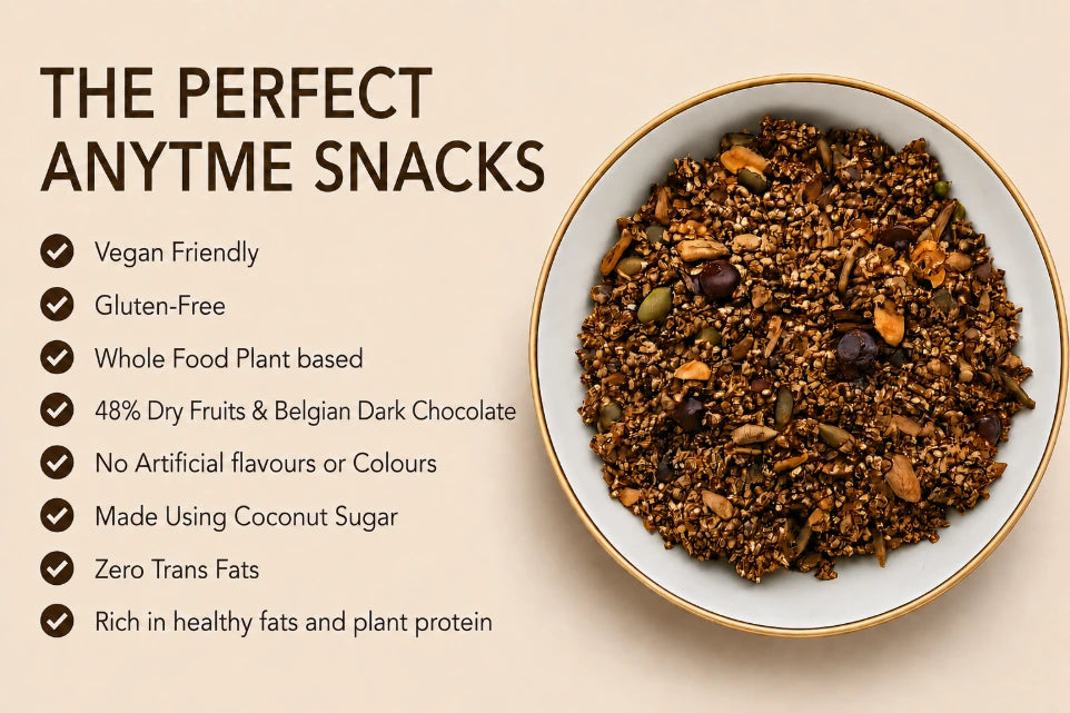 Amaranth Choco Crunch Granola(48% Dry Fruits &amp; Belgian Dark chocolate) -Plant Based, Gluten Free, Vegan Friendly-No Added Refined Sugar, Zero Trans Fats -The Nibble box- 300gm