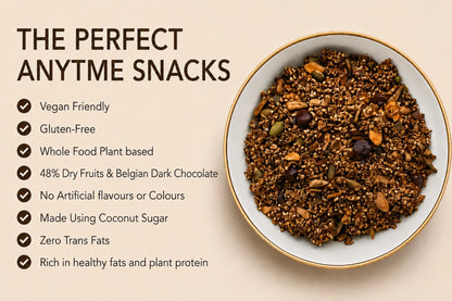 Amaranth Choco Crunch Granola(48% Dry Fruits &amp; Belgian Dark chocolate) -Plant Based, Gluten Free, Vegan Friendly-No Added Refined Sugar, Zero Trans Fats -The Nibble box- 300gm