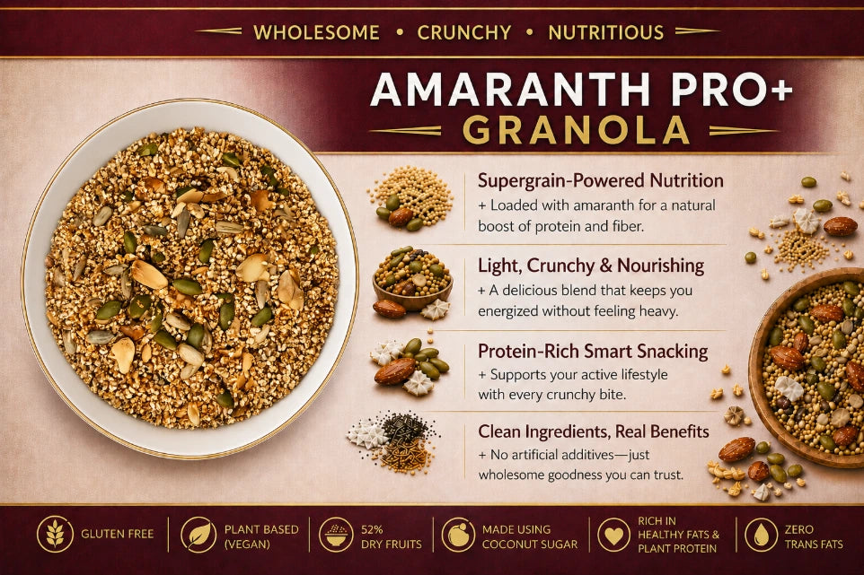Amaranth Pro+ (52% Nuts-Seeds- Dried Fruit)  Granola -Plant Based, Gluten Free, Vegan Friendly-No Added Refined Sugar, Zero Trans Fats -The Nibble box- 300gm