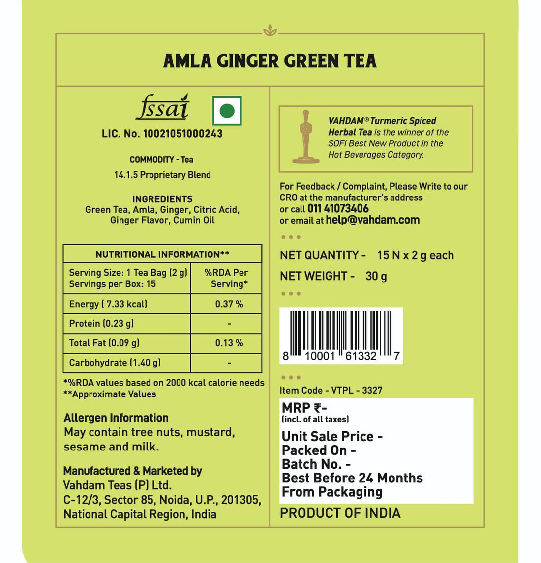Amla Ginger Green Tea – Vahdam – 15 Tea bags