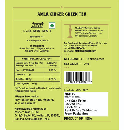 Amla Ginger Green Tea – Vahdam – 15 Tea bags