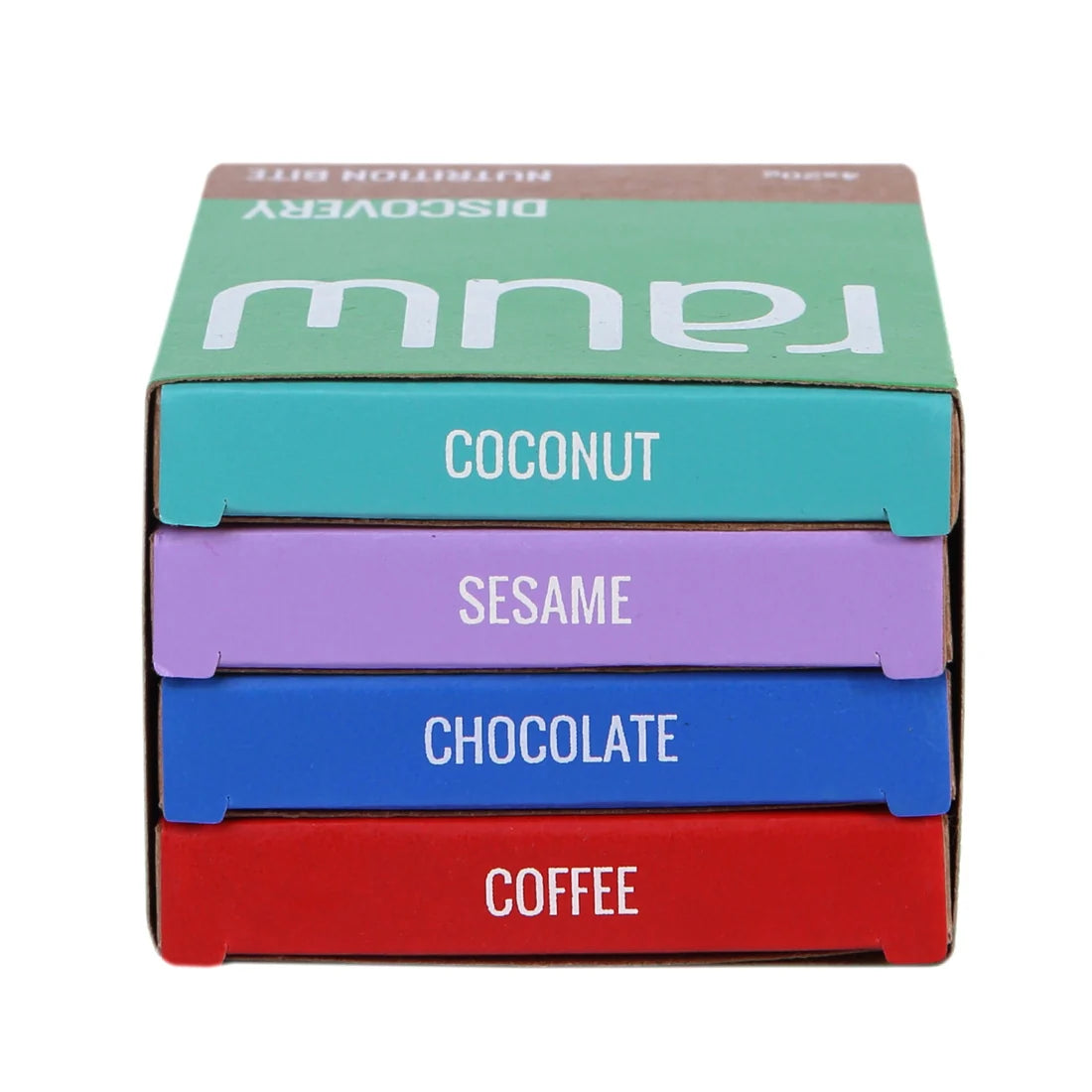 Chocolate | Discovery Chocolate Combo Box  (Sesame, Chocolate, Coffee, Coconut)- 100% Plant Based  - No  Preservative, artificial flavors or emulsifiers - Rauw - 80gm