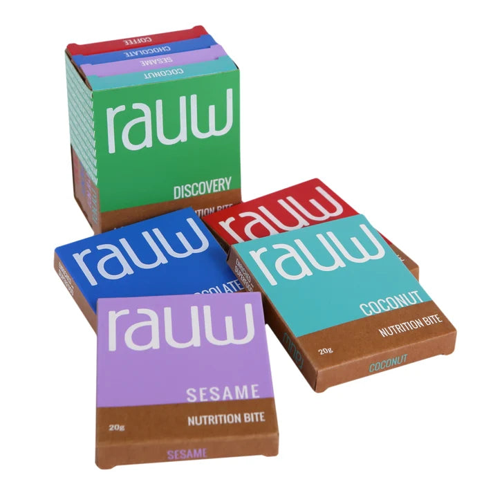 Chocolate | Discovery Chocolate Combo Box  (Sesame, Chocolate, Coffee, Coconut)- 100% Plant Based  - No  Preservative, artificial flavors or emulsifiers - Rauw - 80gm
