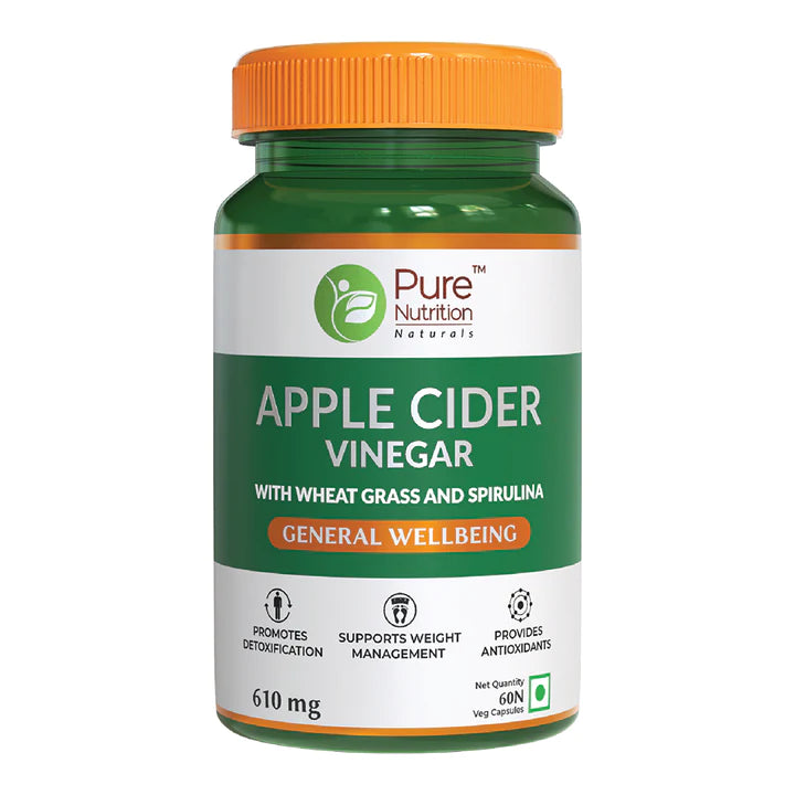 Apple Cider Vinegar | With Wheat Grass And Spirulina - General Wellbeing - Boosts Metabolism And Promotes Weight Loss & No Added Sugar - Pure Nutrition - 610mg - 60 Capsules