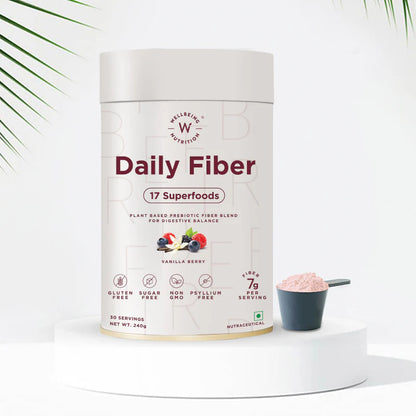 Daily Fiber | 17 Superfoods - Plant Based Prebiotic Fiber Blend For Digestive Balance - Vanilla Berry Flavor - Vegan, Gluten Free, No Gmo, No Preservatives, Sugar Free &amp;amp; Helps Improve Digestion - Wellbeing Nutrition - (30 Serving) - 240gm