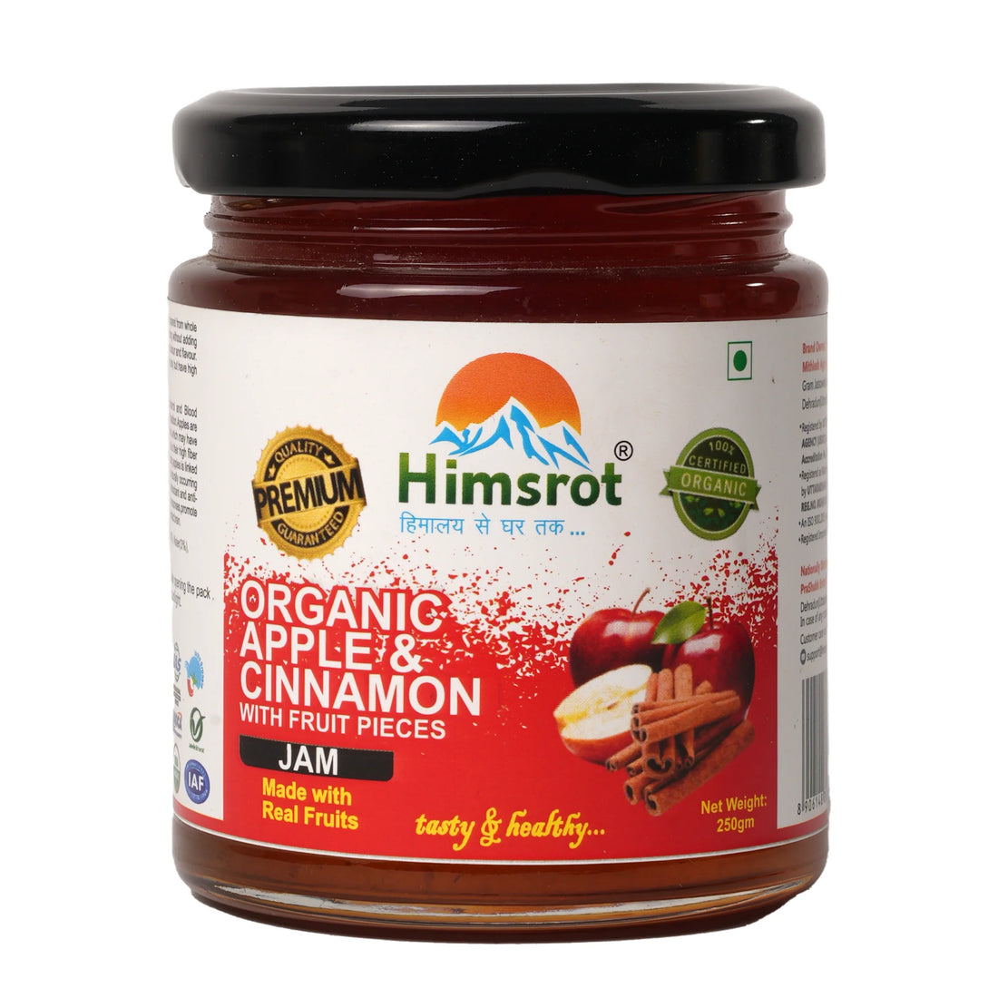 Jam | Apple &amp; Cinnamon (With Fruit Pieces) - Certified Organic - Vegan, Gluten Free &amp;amp; No Added Preservatives - Himsrot - 250gm
