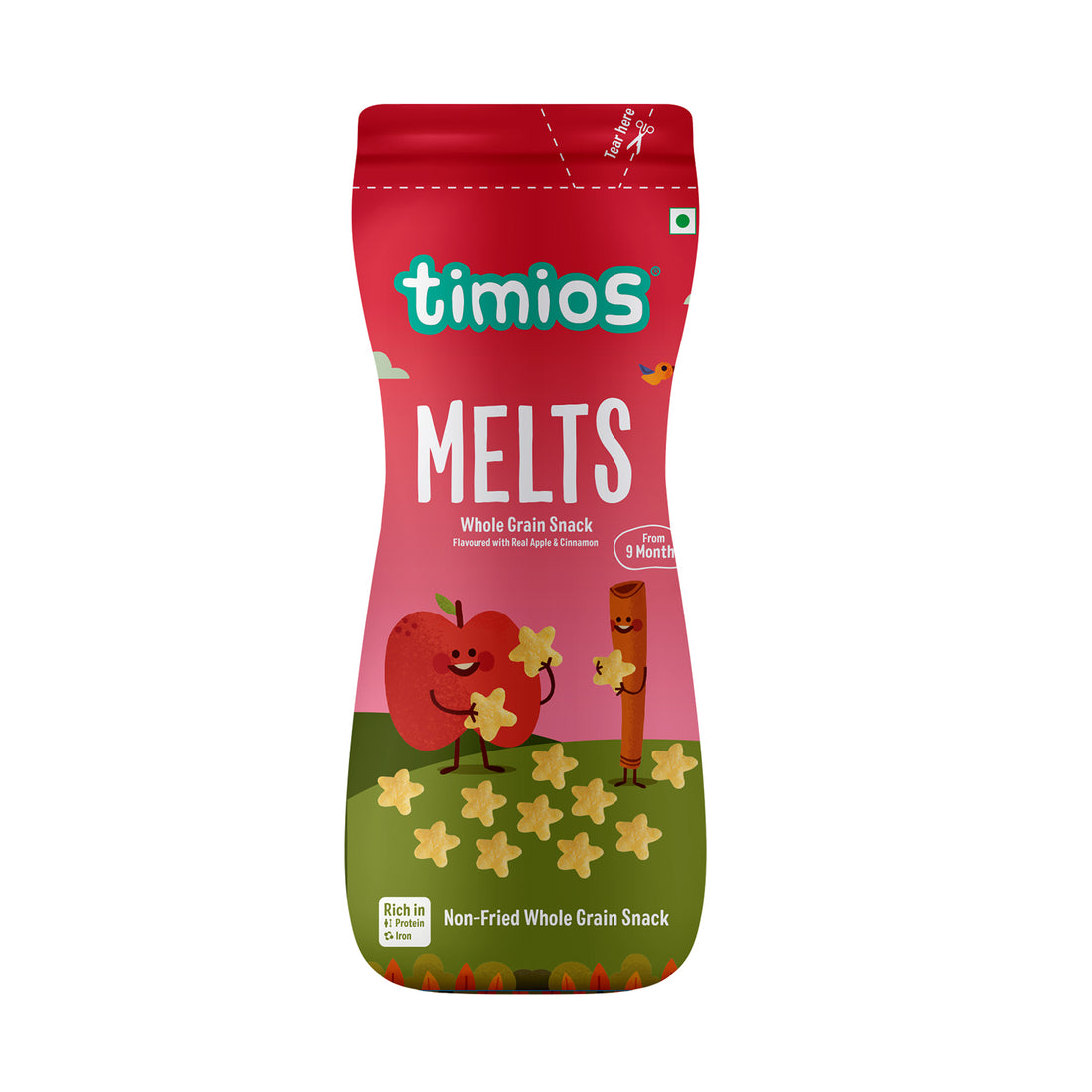 Melts | Apple &amp;amp; Cinnamon Melts - For Babies - Non Fried Whole Grain Snack - High In Protein, Iron, No Added Preservatives, Flavor &amp;amp; No Added Colors – Timios – 50gm