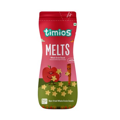 Melts | Apple &amp;amp; Cinnamon Melts - For Babies - Non Fried Whole Grain Snack - High In Protein, Iron, No Added Preservatives, Flavor &amp;amp; No Added Colors – Timios – 50gm
