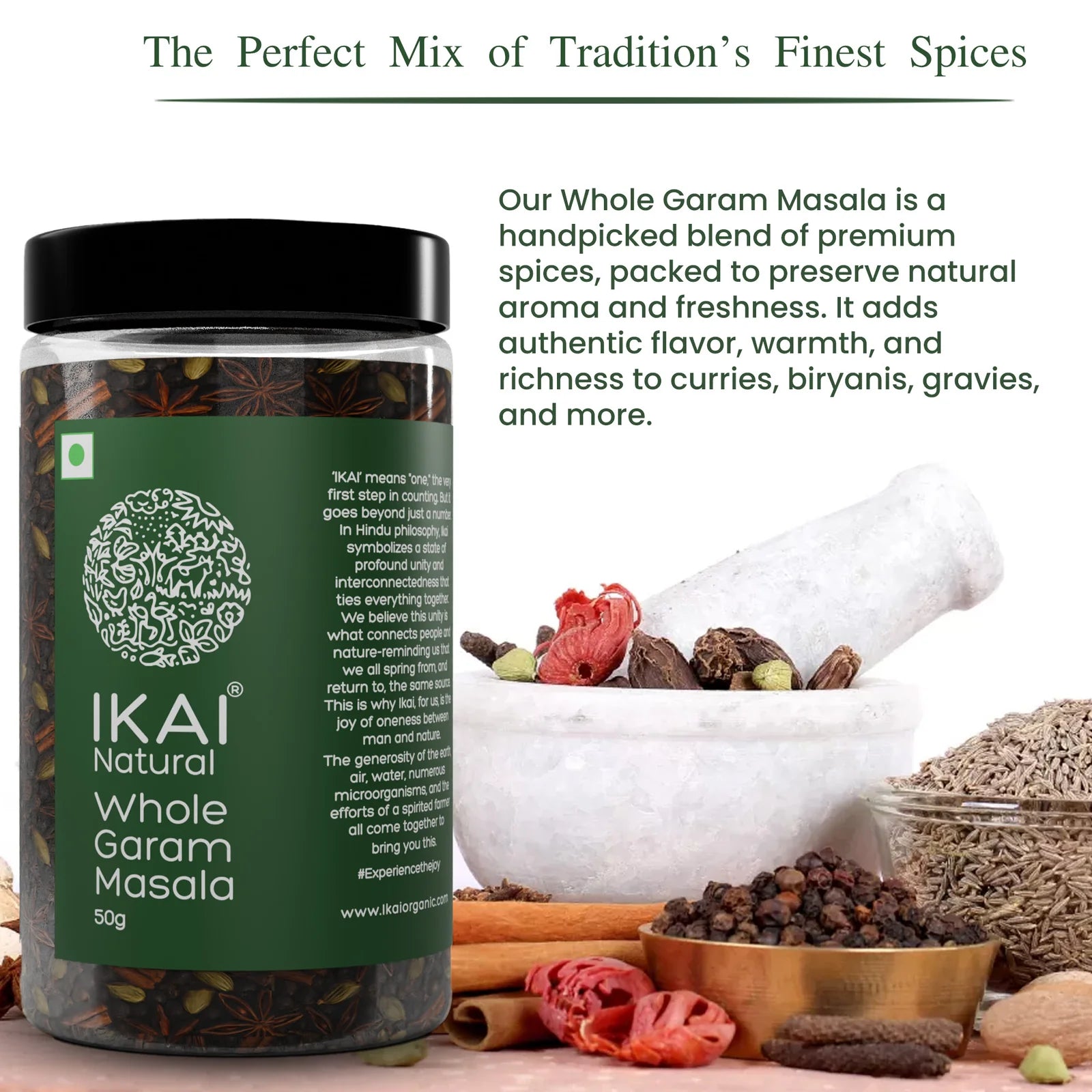 Masala |Natural Whole Garam Masala - Spice Mix , Medicinal - Pure ,Aromatic  - No Preservatives- Ikai Organic – 50gm