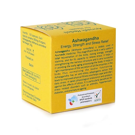 Ashwagandha Capsules | (Energy, Strength and Stress Relief ) - USDA Organic – Vegan &amp; GMO Free – Aurospirul – 100capsules