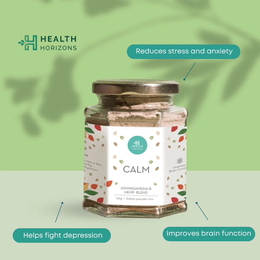 Calm | Ashwagandha & Hemp Blend - Edible Powder Mix – For Stress Relief – Natural – Vegan, Gluten Free, Soy Free & No Additives – Health Horizon – 120gm