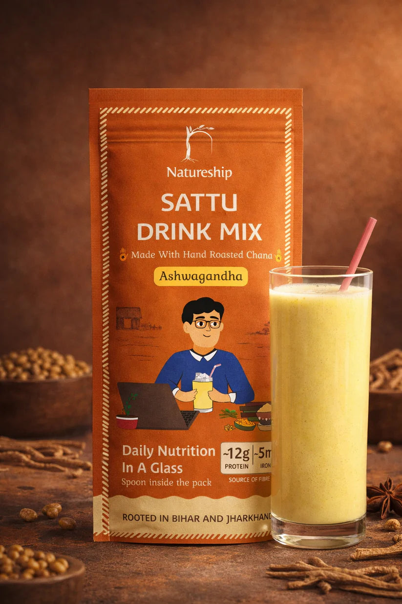 Ashwagandha Sattu Drink Mix -Gluten Free, Vegan &amp; Gut Friendly-100% Natural- Hand Roasted &amp; Stone Ground Chana Sattu – Gluten Free, High In Protein And Fiber Or Preservatives  Free - Natureship - 54gm