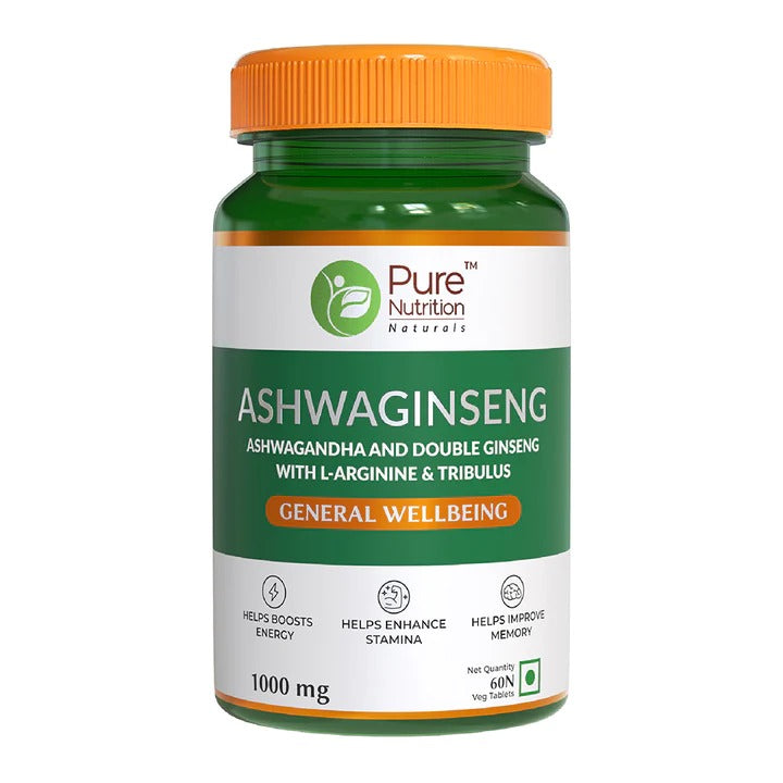 Ashwaginseng | Ashwagandha &amp; Double Ginseng (With L Arginine &amp; Tribulus) - For Strength And Stamina - Natural - Helps Boosts Energy, Helps Enhance Stamina &amp;amp; Help Improve Memory - Pure Nutrition - (1000mg) - 60 Capsues