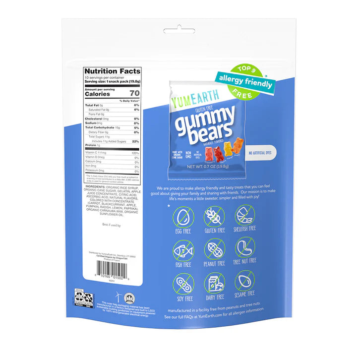 Candy | Assorted Flavor Gummy Bears - USDA Organic - Vegan, Gluten Free, Non GMO &amp; No High Fructose Corn Syrup Or No Artificial Dyes - Yum Earth - 19.8gm