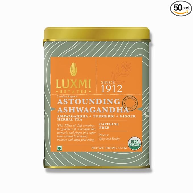 Tea | Astounding Ashwagandha(Blend In Ashwagandha, Turmeric &amp;amp; Ginger) - USDA Organic - No Caffeine - Luxmi Estates - 100gm