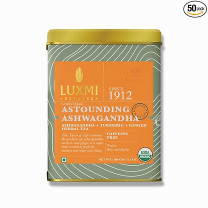 Tea | Astounding Ashwagandha(Blend In Ashwagandha, Turmeric &amp;amp; Ginger) - USDA Organic - No Caffeine - Luxmi Estates - 100gm