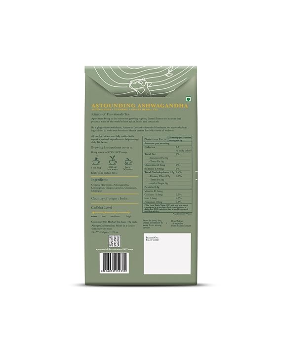 Tea | Astounding Ashwagandha (Blend In Ashwagandha, Turmeric &amp;amp; Ginger) – USDA Organic – No Caffeine – Luxmi Estates – 25 Tea Bag - 50gm
