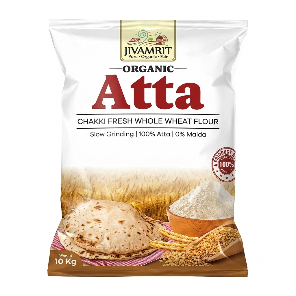 Flour | Organic Atta - Chakki Fresh Whole Wheat Flour - Slow Grinding-Vegan - ,Pesticide-Free, Preservative-Free- Jivamrit - 5000gm