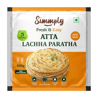 Lachha Paratha | Atta Lachha Paratha - 100% Natural- Ready To Eat Atta Lachha Paratha - No Added Preservatives &amp; Zero Palm Oil - Simmply - Makes 5 Paratha 400gm