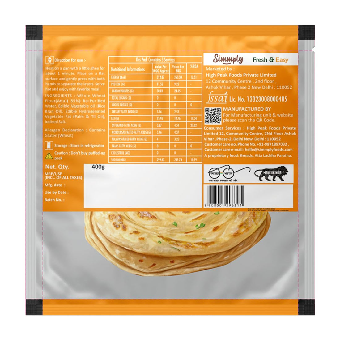 Lachha Paratha | Atta Lachha Paratha - 100% Natural- Ready To Eat Atta Lachha Paratha - No Added Preservatives &amp; Zero Palm Oil - Simmply - Makes 5 Paratha 400gm