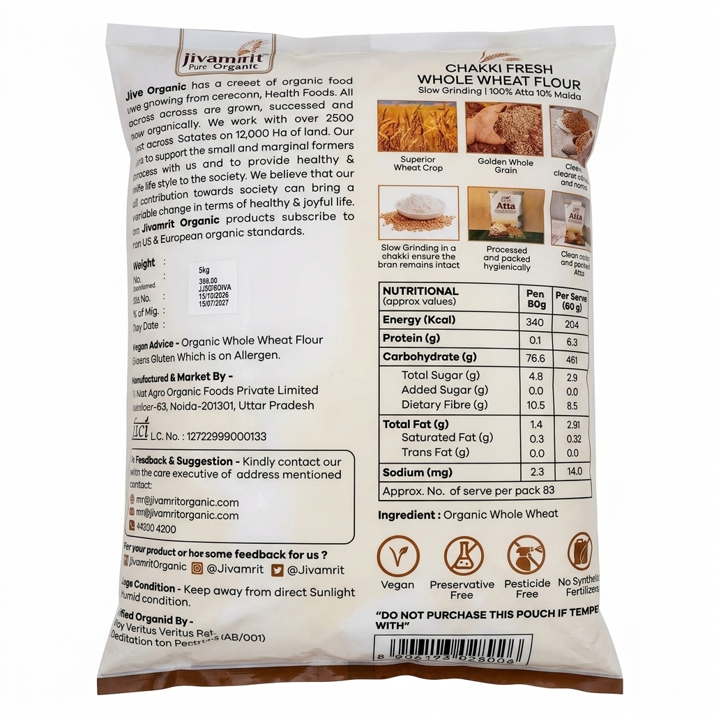 Flour | Organic Atta - Chakki Fresh Whole Wheat Flour - Slow Grinding-Vegan - ,Pesticide-Free, Preservative-Free- Jivamrit - 5000gm