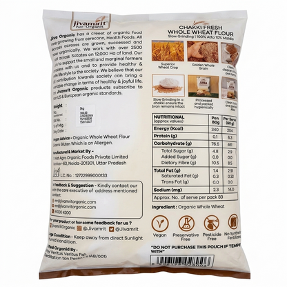 Flour | Organic Atta - Chakki Fresh Whole Wheat Flour - Slow Grinding-Vegan - ,Pesticide-Free, Preservative-Free- Jivamrit - 5000gm