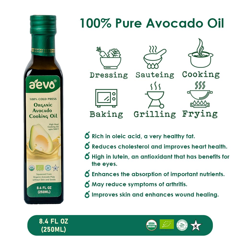 Avocado Oil | Avocado Cooking Oil (Squeezed From Organic Avocado Pulp Without Skin And Seeds) - USDA Organic - 100% Cold Pressed - Aevo - 250ml