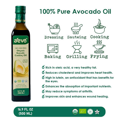 Avocado Oil | Avocado Cooking Oil (Squeezed From Organic Avocado Pulp Without Skin And Seeds) – USDA Organic – 100% Cold Pressed – Aevo – 500ml