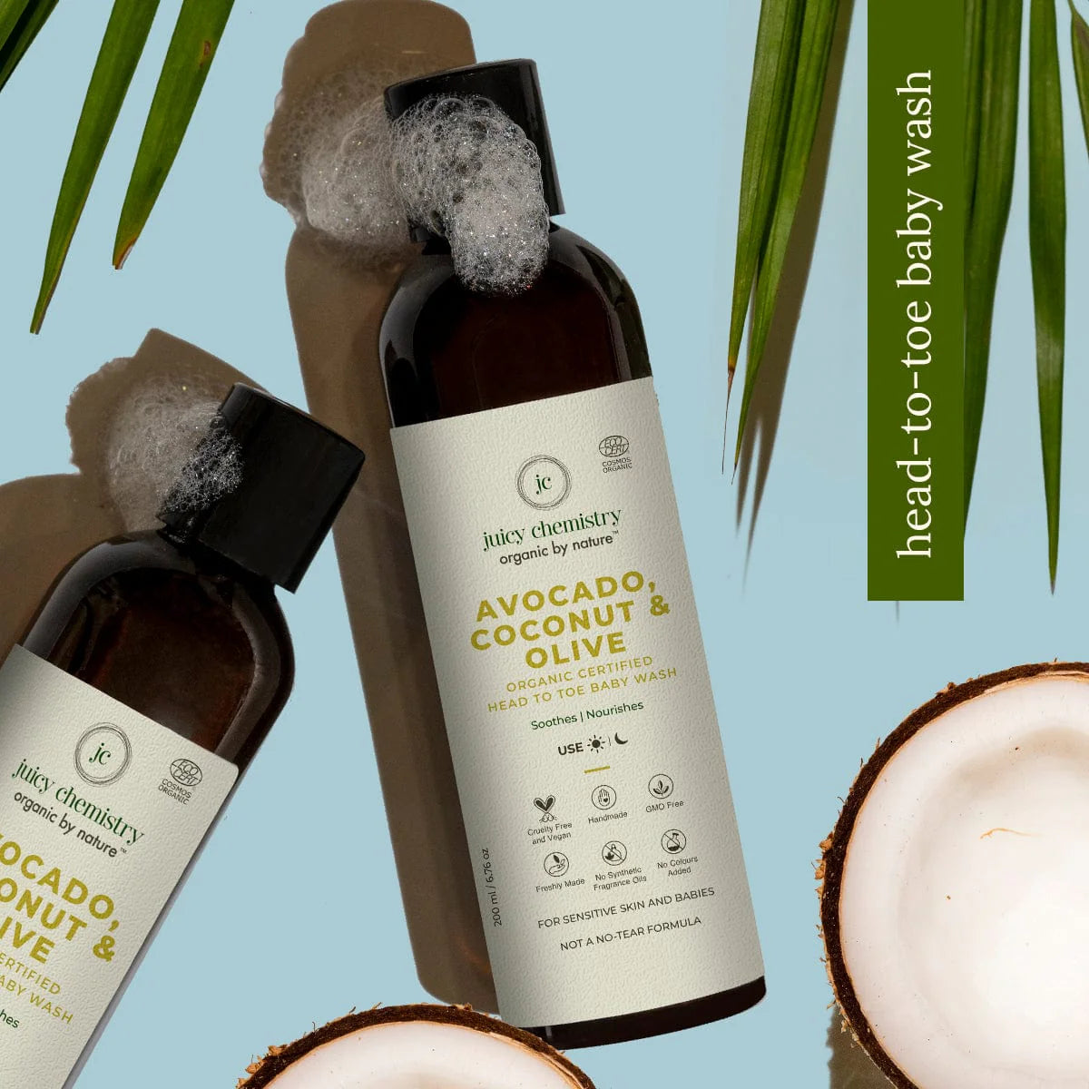 Avocado, Coconut &amp;amp; Olive Organic Head To Toe Baby Wash - Juicy Chemistry - 200ml