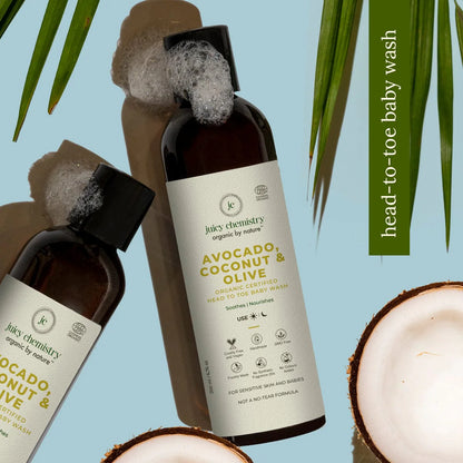 Avocado, Coconut &amp;amp; Olive Organic Head To Toe Baby Wash - Juicy Chemistry - 200ml