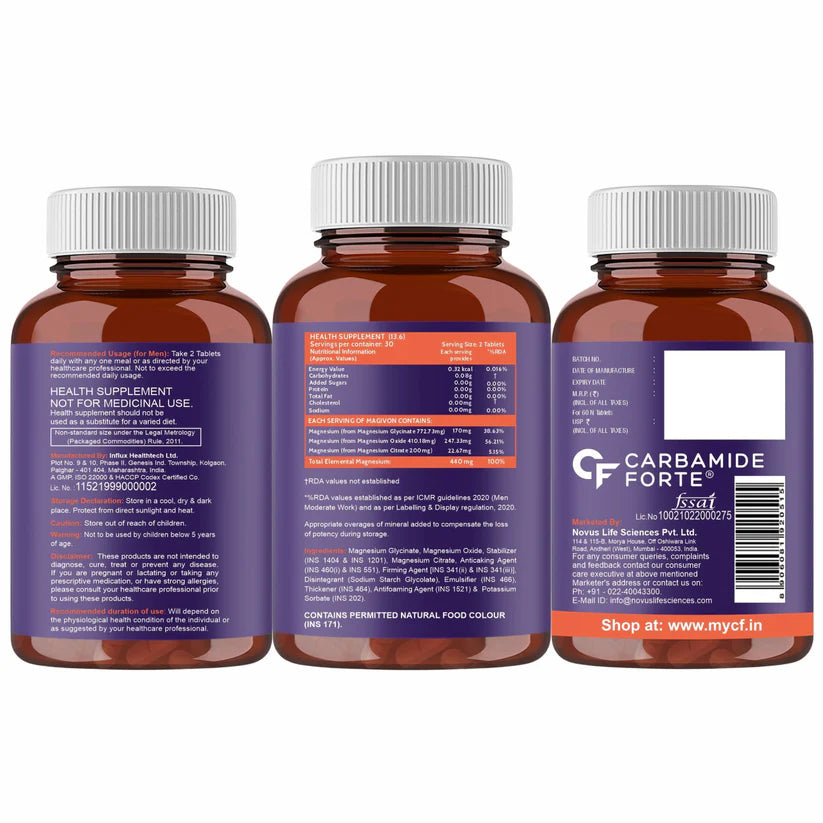 Chelated Magnesium Complex | Magivon (1382.91 mg)- Supports Muscles, Bones &amp; Nerves - 100% Vegetarian - Gluten Free, Non GMO, Dairy Free, Soy Free &amp;amp; Paraben Free - Carbamide Forte  - 60 Tablets