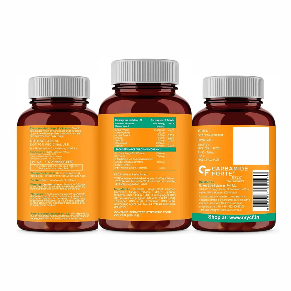 Curcumin 95% Curcuminoids+ Piperine 10 mg | Carbamide Forte- 60 Veg Tablets