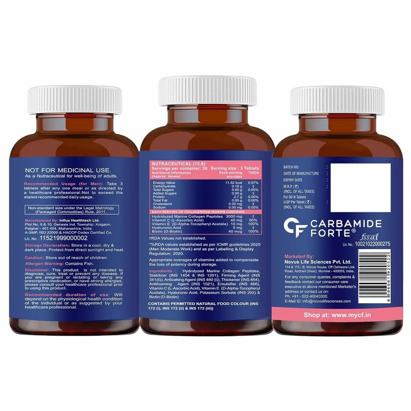 Marine Collagen For Skin + Hyaluronic Acid (3000mg per Serving)-Hydrolyzed Type 1 Collage-Support Skin, Hair &amp; Nails-Carbamide Forte-90 Tablets