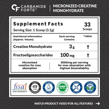 Creatine Monohydrate Unflavoured – Supports Lean Muscles – Strength &amp; Energy – Micronized Powder – Carbamide Forte – 103gm