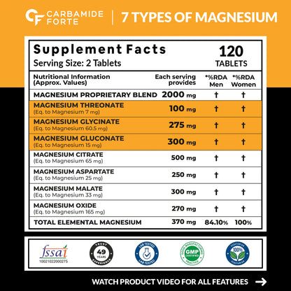 Supplement | 7X Strength Magnesium Supplement (2000mg Per Serving) - Support Muscle Recovery, Energy &amp; Focus - 100% Vegetarian - Gluten Free, Non GMO, Dairy Free, Soy Free &amp;amp; Paraben Free - Carbamide Forte  - 120 Tablets