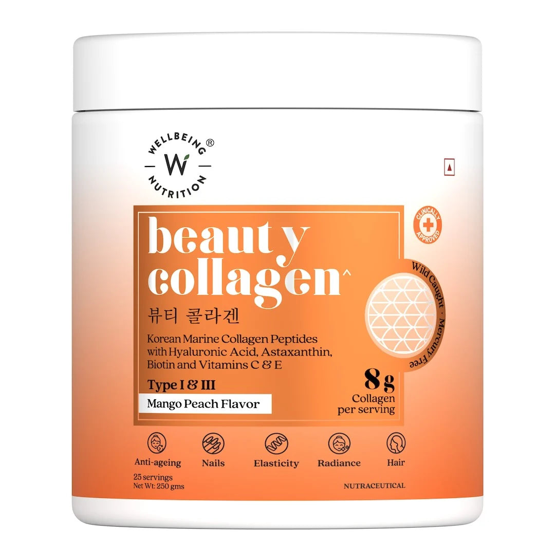 Collagen | Beauty Korean Marine Collagen Peptides Mango Peach Flavour (Clinically Proven Protein for Hair, Skin &amp; Nails)-8g Collagen Per Serving – Gluten Free, Sugar Free &amp;amp; Keto Friendly – Wellbeing Nutrition - 250gm