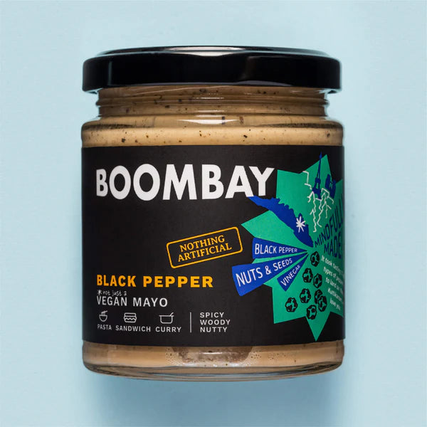 Mayo | Vegan Mayo (Black Pepper) - Pasta - Sandwich - Curry - Spicy Woody Nutty - Plant Based - Vegan, Gluten Free, No Refined Sugar &amp; No Bad Oils - Boombay - 190gm