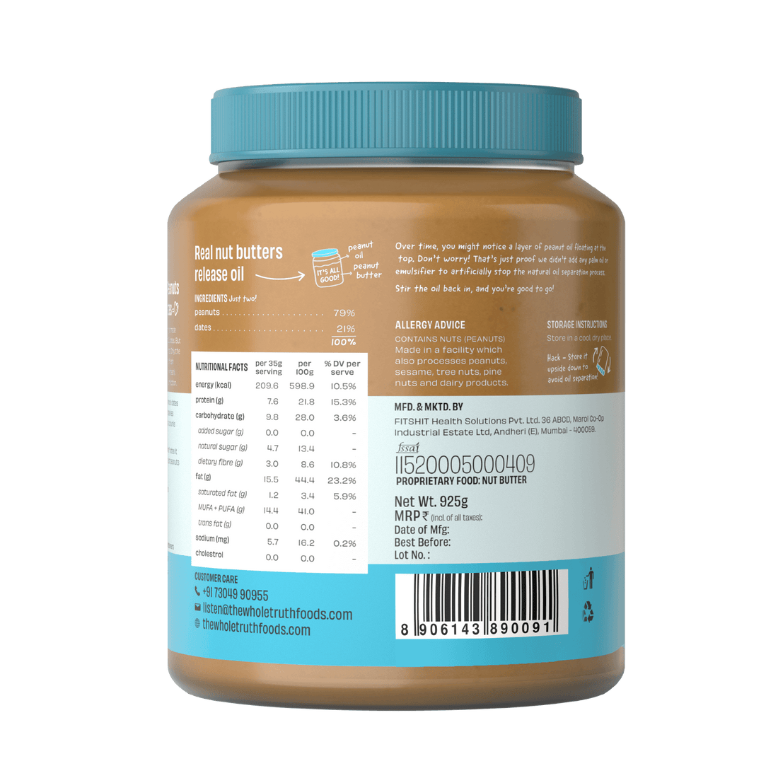 Peanut Butter | With Dates – Crunchy – No Added Sugar - The Whole Truth – 325gm