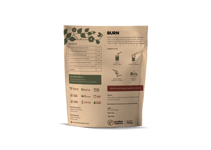 Burn | (A Perfect Blend Of Organic Roots, Fruits, Bark, Leaves & Gum) – Fat Burning - Energy & Mental Focus - Appetite Control - 100% Natural Superfood – Vegan, Non GMO & No Added Preservatives – Rootine Organics – 100gm