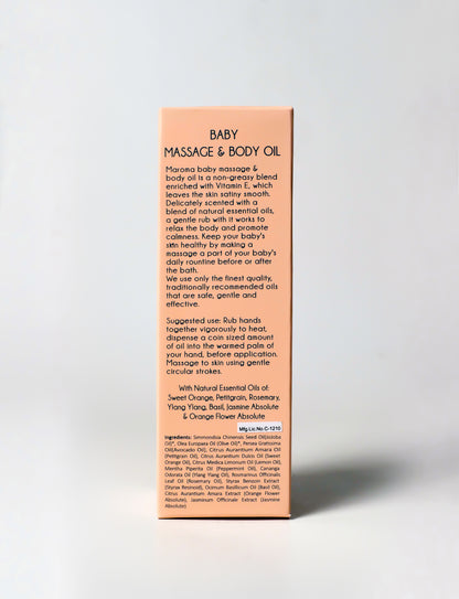 Massage &amp; Body Oil | For Baby (With Organic Jojoba Oil, Organic Olive &amp; Avocado Oil) - Moisturising &amp; Nourishing - 100% Natural - Vegan, Cruelty Free, Palm Oil Free, No Parabens, Silicone, Synthetic Fragrances &amp; No Artificial Color - Maroma - 100ml