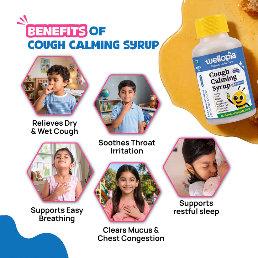 Syrup | Cough Calming Syrup Night Time  (Ages 2+)-Blueberry Flavour  -Made with honey, ginger, tulsi, amla - No Artificial Preservatives-No Refined Sugar - Natural Flavoured - Wellopia - 100ml
